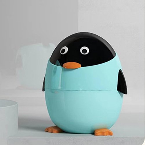 Aiabaleaft Cartoon Penguin Plastic Trash Can with Lid Bedroom Large Capacity Wastebasket Storage Container for Home Kitchen Dressing Office Kids Bedroom (Blue, 13.7 * 12.2 * 11.02in)