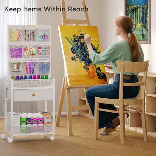 5-Tier Craft Rolling Cart, Craft Organizers and Storage with 18-Pocket, Utility Cart with Drawer & Lockable Wheels, Art & Craft Supply Organizer for Kids' & Adults'Studio, Bedroom (White)