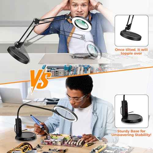 Magnifying Glass with Light and Stand, 15X & 8X Magnifying Lamp with Clamp, 5 Color Lighting Modes Stepless Dimmable LED Desk Lamp Hands Free for Crafts Hobby Reading Painting Sewing Close Work