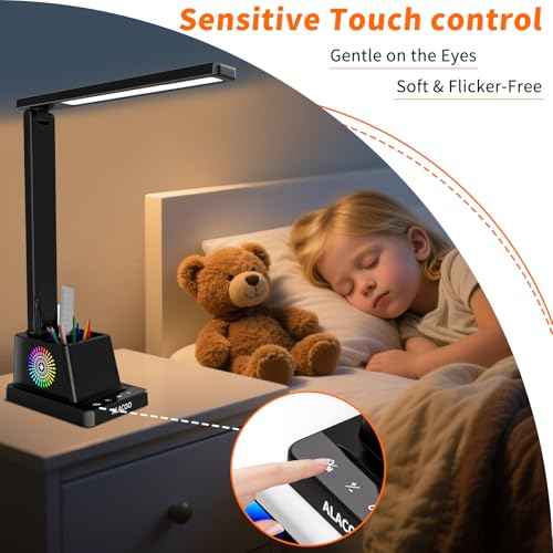 LED Desk Lamp for Office Home, Eye-Caring Desk Light with USB Port & RGB Phone Holder, 3 Color¡¿4 Brightness, Adjustable Arm, Touch-Control Lamp for Reading/Bedroom (Black)