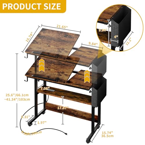 DWVO Height Adjustable Drawing Desk with Charging Station & Wheels, Rolling Craft Table with Tilting Top and Storage Bag, Small Standing & Sitting Laptop Computer Desk (Brown)