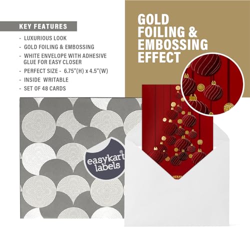 easykart labels 48 Christmas Greeting Cards with Gold Foiling & Embossing with Envelopes, Dark Red Colour, 6.75 x 4.5 Inch Merry Christmas Cards with Seal Stickers For Friends, Family and loved Ones ( 3 Pack )