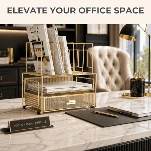 Gold Desk Organizer with Drawer - Metal Mesh File Holder & Vertical Storage