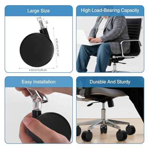 5 Pcs 4'' Extra Large Chair Wheels, Large Office Chair Wheels, Heavy Duty Office Twin Chair Casters Replacement 7/16 x 7/8 Grip Ring for Furniture Hardwood Floor Computer Desks