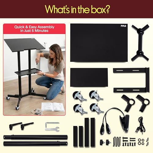Pyle Black Lectern Podium Stand with Adjustable Height & LED Light Kit