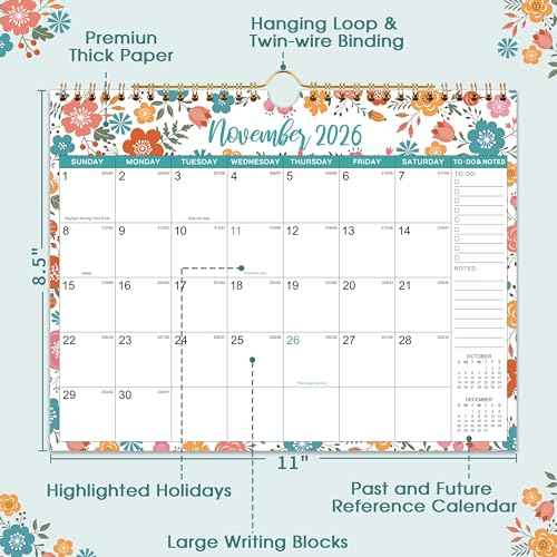 2026 Wall Calendar - 2026 Calendar, 12 Months Hanging Calendar 2026, Jan 2026 - Dec 2026, 11" x 8.5", Spiral Binding, Julian Dates, Large Block, Notes, To-do List, Thick Paper, Perfect for Organizing