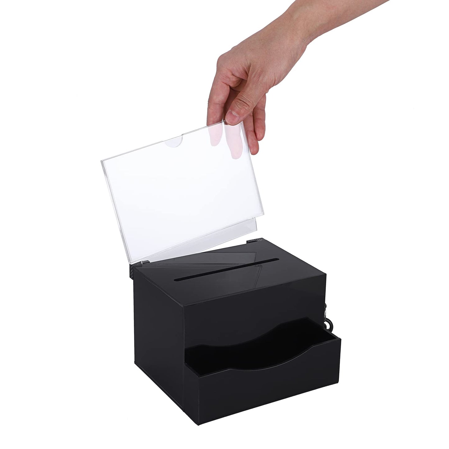 BTSKY Acrylic Suggestion Box with Lock, Acrylic Donation Box with Sign Holder, Tip Box with Pocket Collection Boxes for Voting Locking Mailbox, Suggestion Box with Removable Sign Slot (Black)