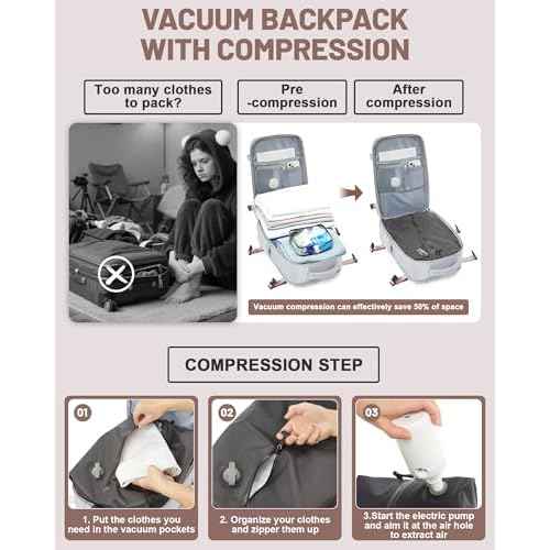 Vacuum Backpack With Pump Large Travel Laptop Backpacks For Women Men Carry On Backpack Vacpack Backpacks With Vacuum Compression Grey
