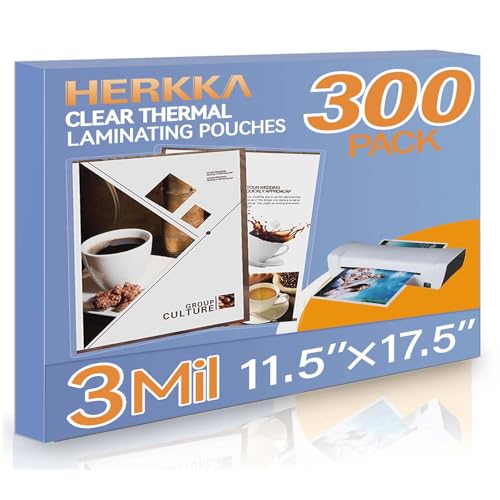 HERKKA 300 Pack Laminating Sheets, Hold 11 x 17 Inch Sheet, 3 Mil Clear Thermal Laminating Pouches 11.5 x 17.5 Inch Lamination Sheet Paper for Laminator, Round Corner