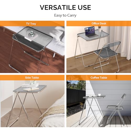 VINGLI Grey Folding Acrylic TV Tray Table—Small Space Desk with 360° Bracket