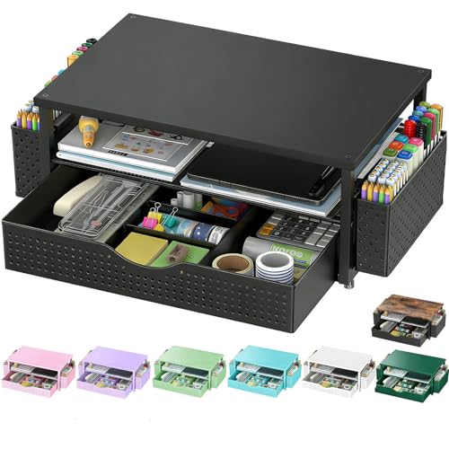 Spacrea Black Computer Monitor Stand with Drawer & Pen Holders - Space Saving Desk Organizer