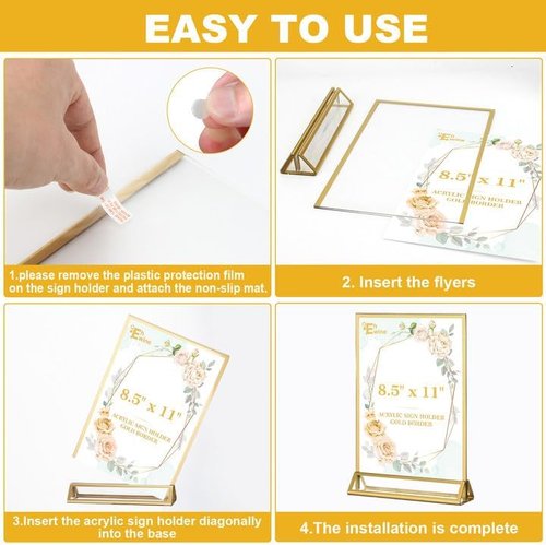 EHWINE Acrylic Sign Holder - 8 Pack Double-Sided 8.5 x 11 Gold Picture Frame Stands | Clear Display for Weddings & Events
