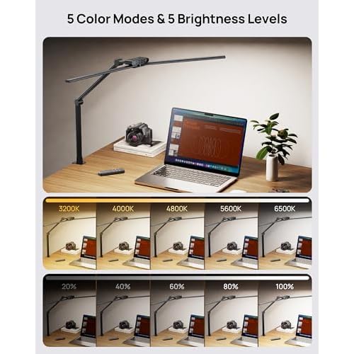 TROND LED Desk Lamp with Clamp, 29.55'' Tall Desk Light with Remote, 1500LM Bright Table Lamp, Swing Arm Clip on Light, Eye-Caring, Touch Control Dimmable for Home Office Monitor Reading Study Task