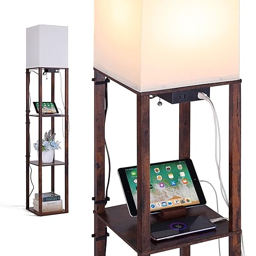 Floor Lamp with Shelves, Shelf Floor Lamps for Living Room with 2 USB Charging Ports and Power Outlet, 3CCT Modern Corner Square Display Standing Lamp 4-Tier Tall Bookshelf Lamp for Bedroom