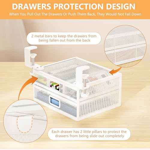 Sliding Under Desk Drawer Organizer No Drilling 2 Drawers Slide Out Desktop Or Under Table Storage Metal Clamp On Desk Drawer Attachment Anti-Slip Desktop Organizer for Home & Office, White