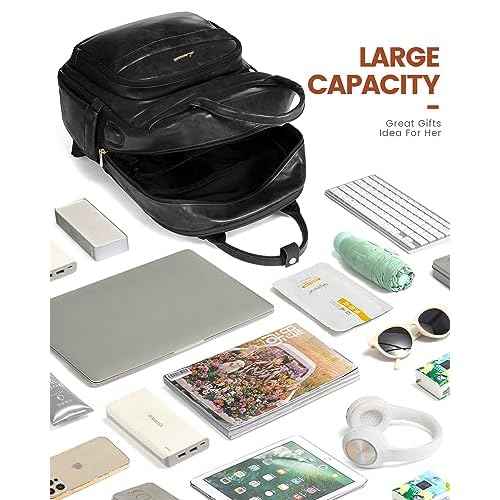 LOVEVOOK Vintage PU Leather 15.6 inch Women's Laptop Backpack, Black, 25L, Water Resistant, USB Charging Port