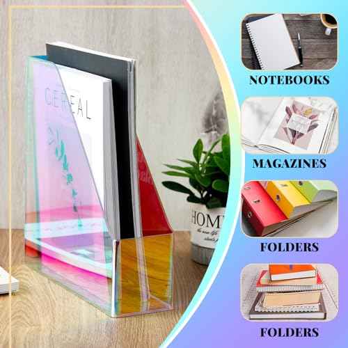 2 Pcs Iridescent Vertical Magazine File Holder Acrylic Magazine Holder Storage Organizer Plastic Clear Acrylic Rack for Office Classroom Home Document Paper Book Collection