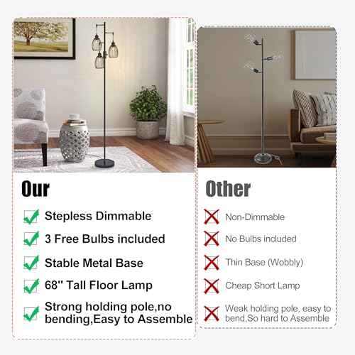 Dimmable Industrial Floor Lamps Black for Living Room with Heavy Base and 3 x 6w LED Bulbs Lamp, 68" Farmhouse Industrial Floor Lamp for Bedroom, Office, Home Decor