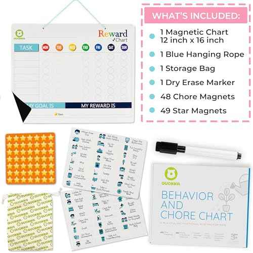 QUOKKA Magnetic Behavior Chore Chart for Kids at Home - Gift Reward Visual Schedule Chart - Dry and Erase Routine and Responsibility - Use 48 Magnets & 49 Stars - From Toddlers to Teens