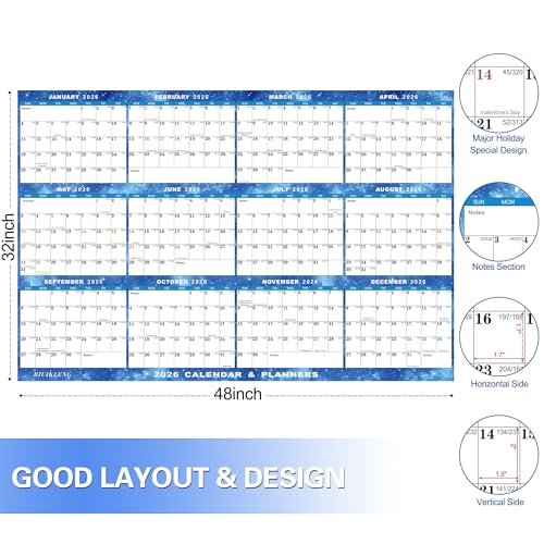 32" x 48" 2026 Wall Calendar Erasable Starry Sky, Wet & Dry Erase Large Laminated Annual Yearly Planner - 12 Month Horizontal/Vertical Calendar January to December for Easy Planning, Organizing