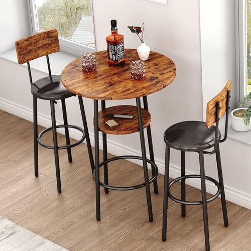 ILCQU Brown 3-Piece Dining Table Set for 2 – Small Round Pub Table with Storage & PU Upholstered Stools