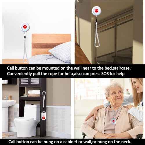 Wireless Caregiver Call Button, Rechargeable Caregiver Pager for Elderly, Call Bell for Elderly at Home,Medical Life Alert Systems for Seniors with Portable Receiver / Emergency Button with Pull Rope