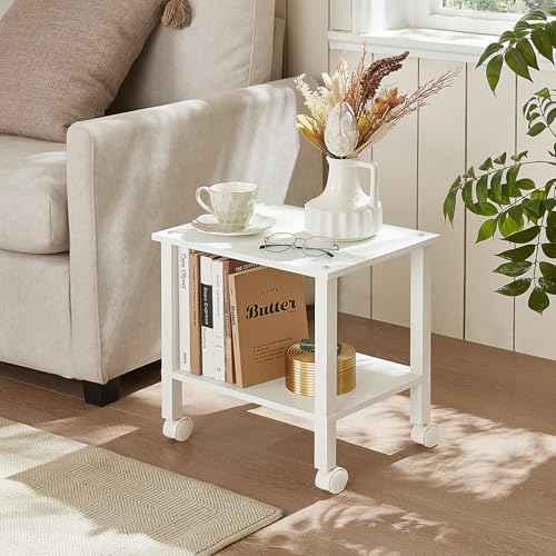 2 Tier Printer Stand with Storage,Under Desk Shelf Printer Table, Rolling Printer Cart for Office,Home,White