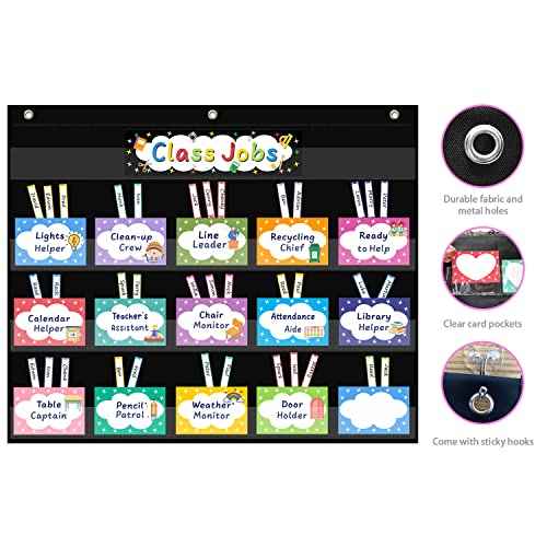REGELETO Class Jobs Pocket Chart with 70 Colorful Dry Erase Cards and 3 Hooks,Class Management Educational Pocket Chart Teacher's Helper Size: 24.5¡±x21.8¡±inch Bulletin Board for Classroom (Black)