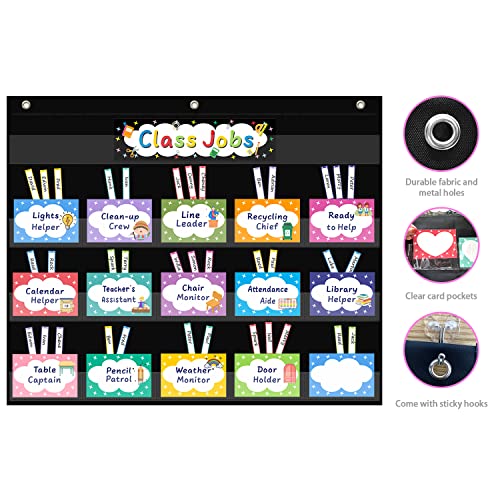 REGELETO 16-Pocket Classroom Jobs Pocket Chart with 70 Colorful Cards & Hooks, 24.5x21.8 Inch Black Bulletin Board