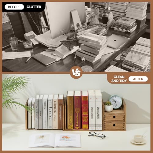 KIRIGEN Wood Adjustable Desk Orangizer Storage Expanable Desktop Bookshelf Fully Assembled Bookcase Adjustable Book Rack with Drawer for Office SSSJ-L-DBR