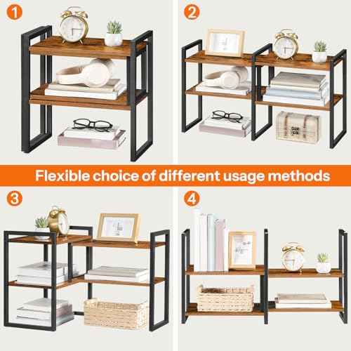 HOOBRO Desk Shelf Organizer, Adjustable Desktop Bookshelf, 2-Tier Shelf for Top of Desk, Wooden Office Storage Rack, for Office, Study, Kitchen, Dorm, Rustic Brown and Black BF39SJ01