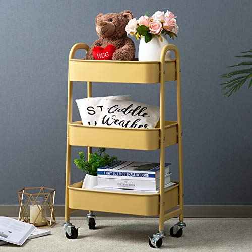 AGTEK Makeup Cart, Movable Rolling Organizer Cart, Khaki Yellow 3 Tier Metal Utility Cart