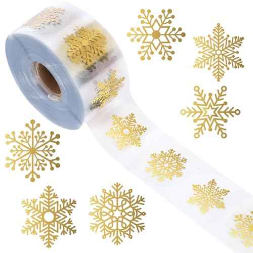 1000Pcs Clear Christmas Stickers Roll Gold Foil Snowflake Stickers Xmas Winter Holiday Round Adhesive Label Stickers Decal for Xmas Envelopes Invitations Cards Gifts Decor, 6 Designs