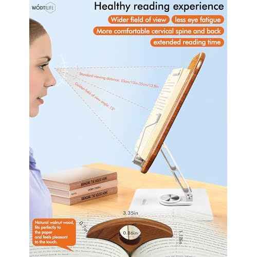 Book Stand for Reading,Adjustable Book Holder with 360¡Æ Swivel Base,Book Stand for Desk,Rubber Wood,Large Panel,Elastic Clips,Sturdy,for textbooks,Sheet Music,Recipes,Tablets,laptops