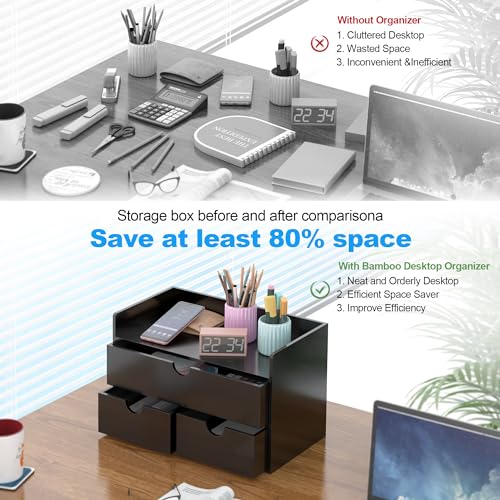 Bamboo Desk Organizer with Drawers Desktop Storage Drawers for Bills Office Supplies Kitchen Utensils Organizing Tool for Home Classroom Organization No Assembly (Black with Shelf)