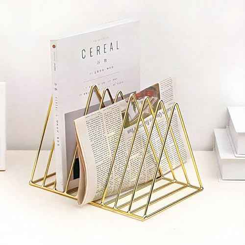 2 PCS Desktop Triangle Book Magazine Holder, Iron Metal Book Stand File Organizer Folder Holder for Office, 9 Slots Gold Classified Storage Rack, Record Display Rack for Home Decoration