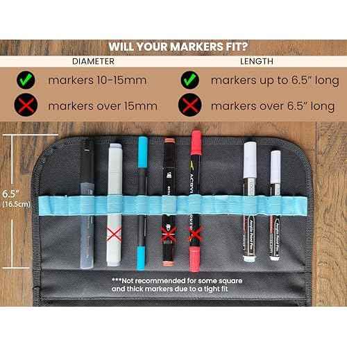 TOOLI-ART Marker & Pen Carrying Case -120 Slots, Canvas, Extra Pockets, Trolley Sleeve, Removable Shoulder Strap, For Most Markers (up to 15mm Diameter), Lipstick, Etc. Black