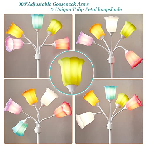 GyroVu Medusa LED Floor Lamp with 6 Color Tulip Shades, Adjustable Gooseneck, Tall Modern Standing Lamp for Living Room Bedroom Kids Room Office - White, Lampshades Included