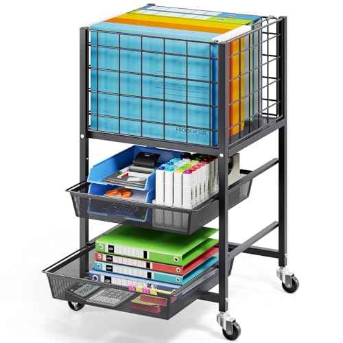 TOOLF 3-Tier Rolling File Cart, Metal Storage Drawer Cart with 2 Sliding File Trays, Adjustable Rod for Hanging Various File Sizes, File Organizer Cabinet on Wheels, for Office, Home, Classroom, Black