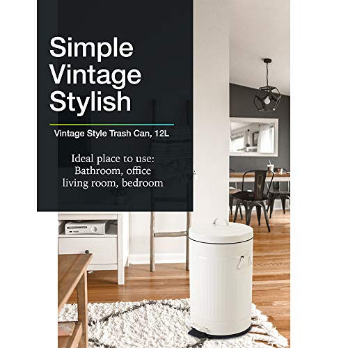 White Trash Can with Lid, Bathroom Bedroom Waste Basket Soft Close, Small White Garbage Can, Retro Vintage Home Office Trash Can, 12 Liter/3 Gallon, Glossy Cream White