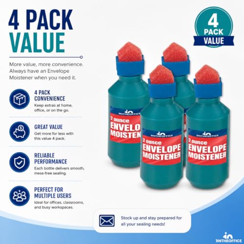 1InTheOffice Envelope Moistener with Sponge Tip - Spill-Proof 4 Pack