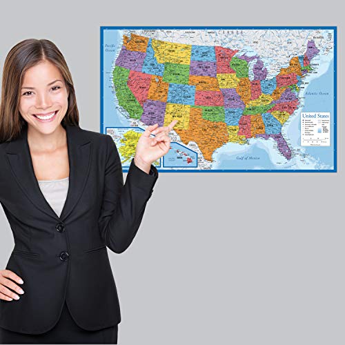 Blue Palace Learning Laminated USA Map Wall Chart - 18x29 Inches, Updated