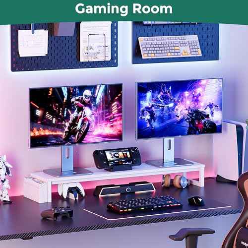 Dual Monitor Stand Riser, 41.5'' Extra Long Wood Monitor Stand Desktop Organizer with Side Pocket, Ergonomic Monitor Riser Supports 2 Monitors,TV,Laptop,Printer for Home Office, White