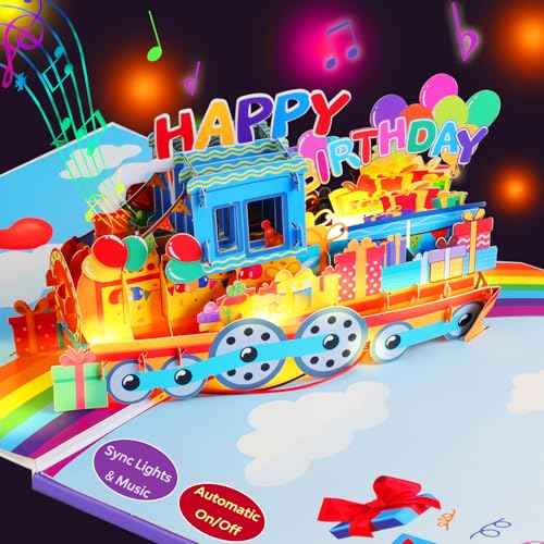 3D Train Pop Up Musical Birthday Card for Grandson, Granddaughter, Kids, Boys and Girls, Light Up Features, Plays 'Happy Birthday' Song, Fun Interactive Birthday Greeting