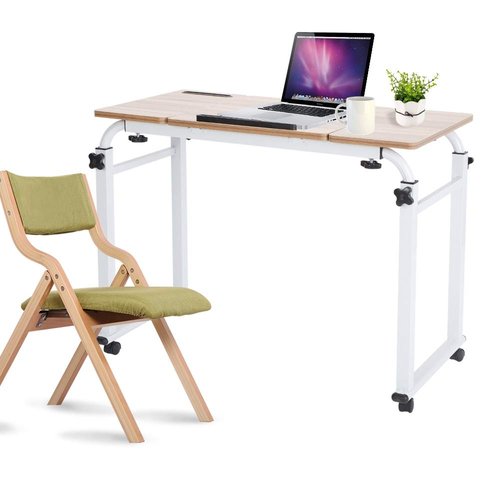 Keenso Mobile Laptop Cart with Adjustable Height, Tiltable Top, Wheels, 0.8M Length, White