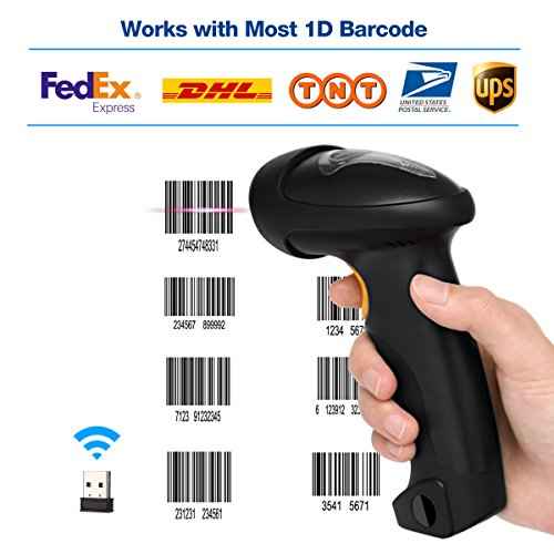 Barcode Scanner (2.4GHz Wireless USB Automatic & USB2.0 Wired) Rechargeable 1D Handheld Bar-Code Reader Support for FedEx and USPS Maximum Offline 2600 Code Entries