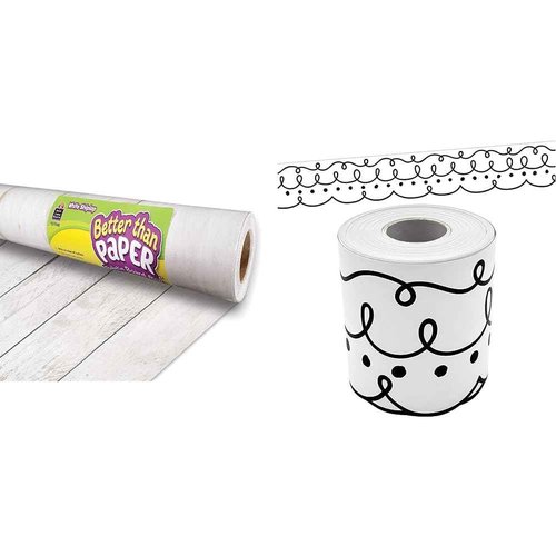 White Shiplap Better Than Paper® Bulletin Board Roll and Teacher Created Resources Squiggles and Dots Die-Cut Rolled Border Trim