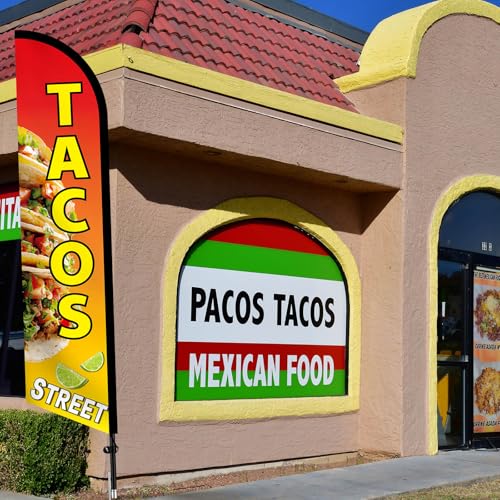 Tacos Street Advertising Swooper Flag Banner 15ft Feather Flag with Pole and Ground Stake Advertising Feather Banner Sign for Restaurant Business Outside Ground