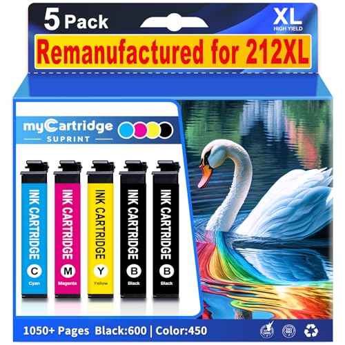 212XL Ink T212XL High Capacity for Epson 212 Ink Cartridges Remanufactured for Epson 212XL Ink Cartridges Combo Pack for Workforce XP-4100 XP-4105 WF-2830 WF-2850 Printer New Upgraded Chips (5-Pack)