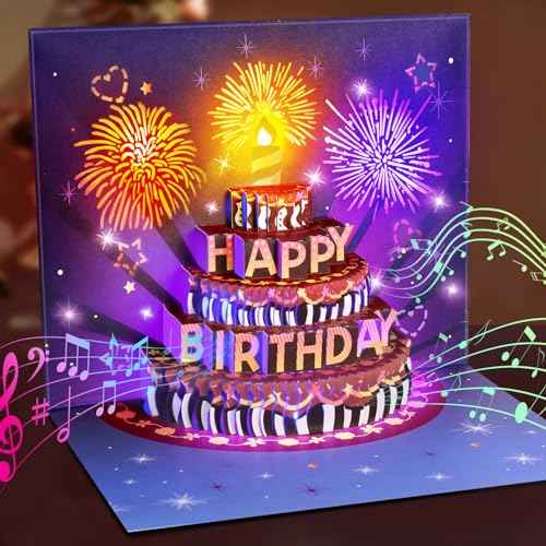INPHER Birthday Cards Fireworks Pop Up Cake Light and Music Happy Birthday Gifts Decorations for Women, Men, Mom, Grandma